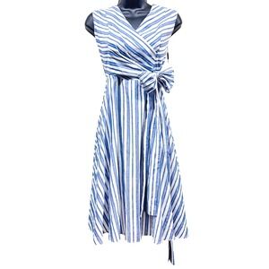 NWT Calvin Klein Womens Blue White Striped Cotton Fit Flare Midi Dress Size 6